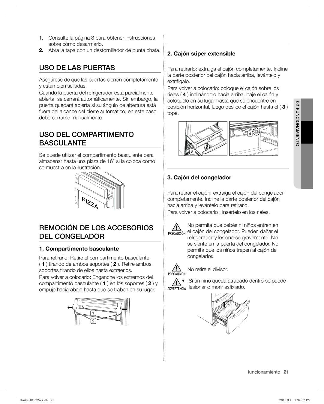 Samsung RF4287HABP USO DE LAS Puertas, USO DEL Compartimento Basculante, Remoción DE LOS Accesorios DEL Congelador 