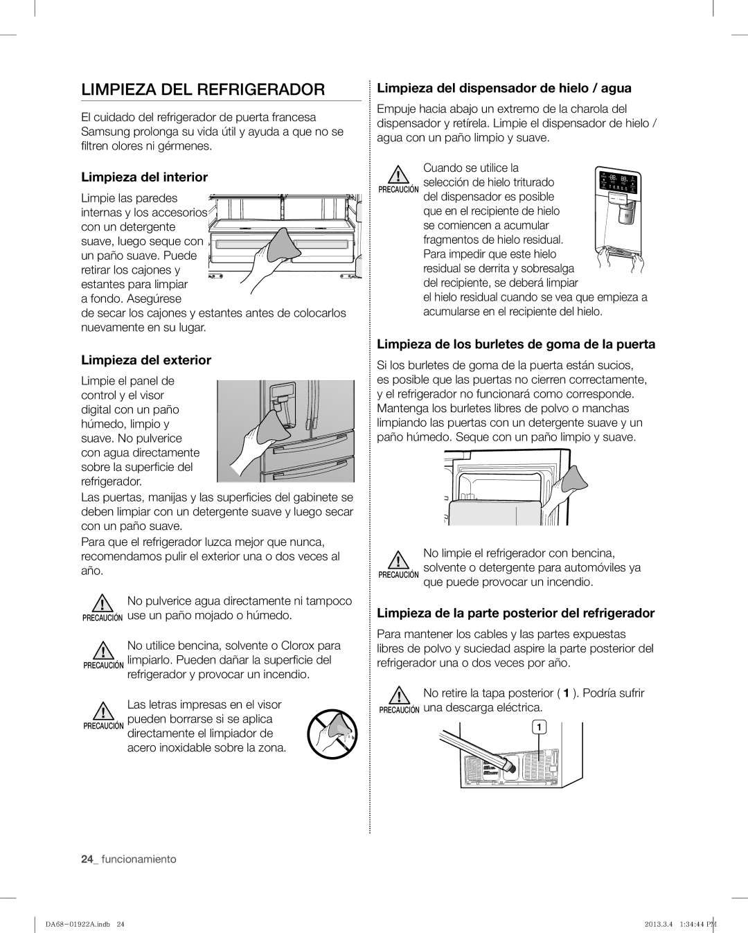 Samsung RF4287HAWP, RF4287HABP user manual Limpieza DEL Refrigerador 