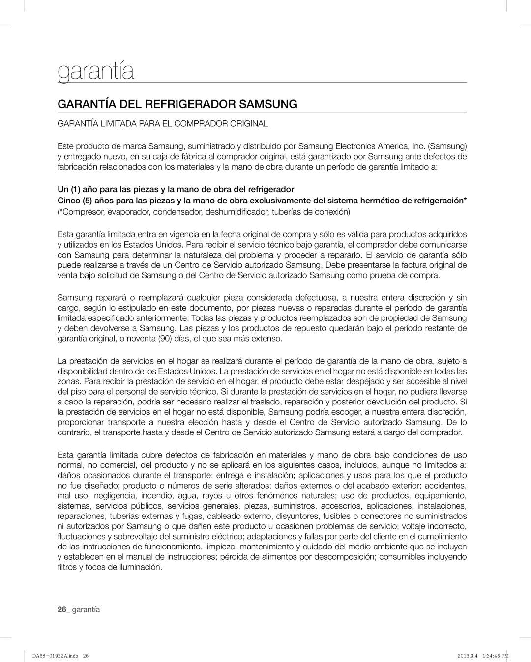 Samsung RF4287HAWP, RF4287HABP user manual Garantía DEL Refrigerador Samsung 