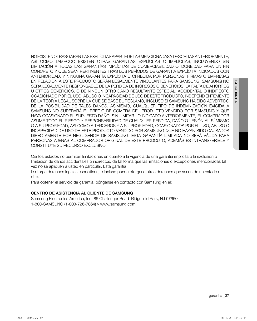 Samsung RF4287HABP, RF4287HAWP user manual Centro DE Asistencia AL Cliente DE Samsung 