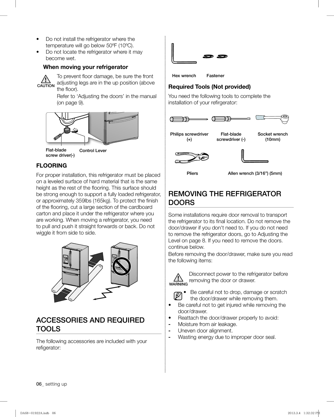 Samsung RF4287HAWP Accessories and Required Tools, Removing the Refrigerator Doors, When moving your refrigerator 