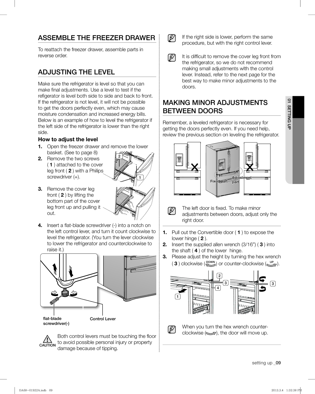 Samsung RF4287HABP Assemble the Freezer Drawer, Adjusting the Level, Making Minor Adjustments Between Doors, Clockwise 