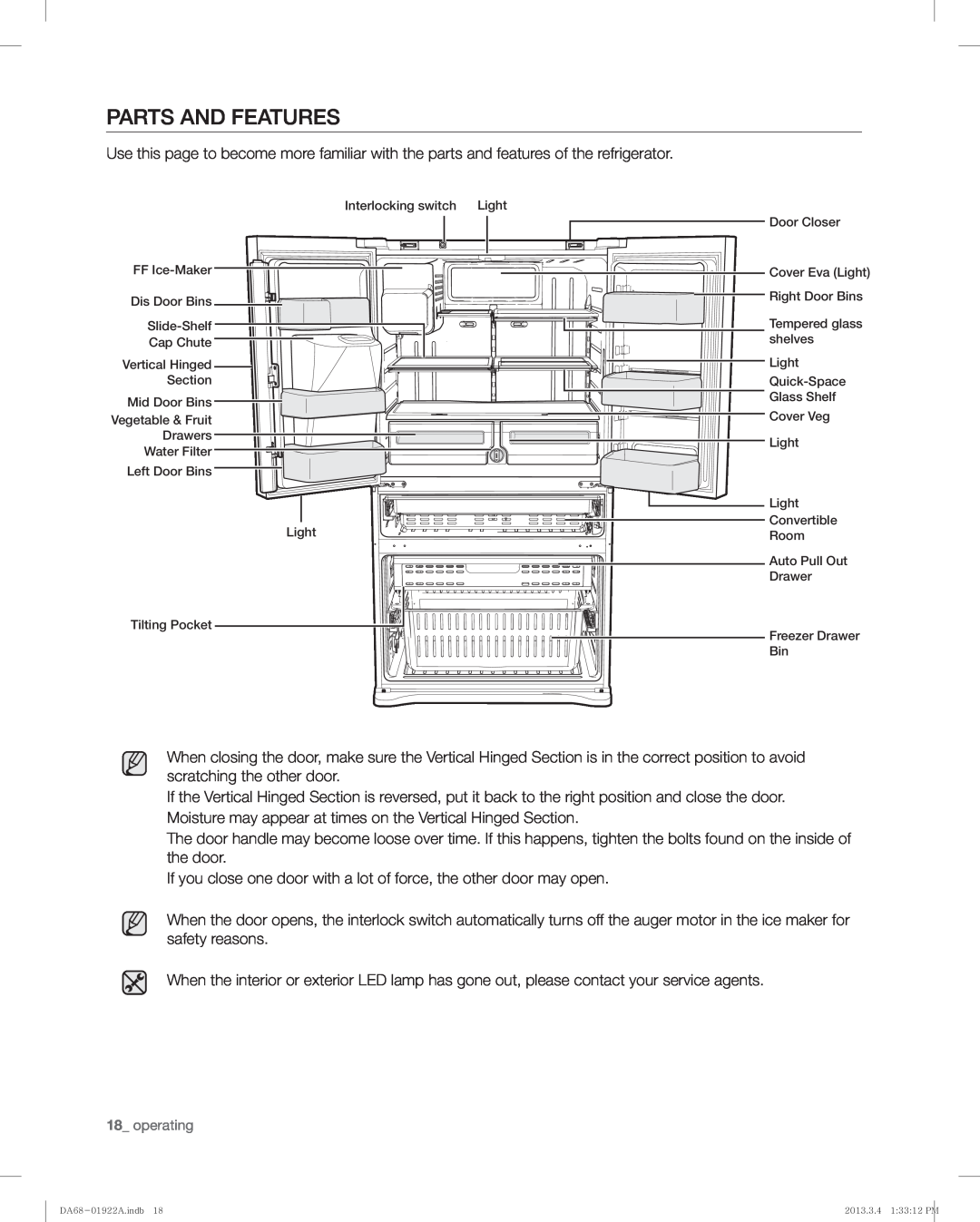 Samsung RF4287HAWP, RF4287HABP user manual Parts And Features, operating 