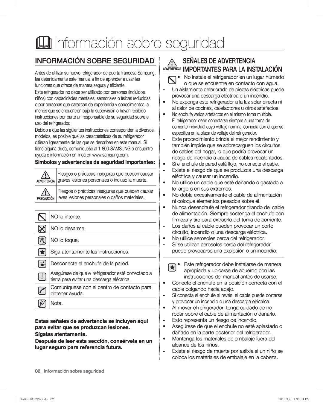 Samsung RF4287HAWP, RF4287HABP user manual Información sobre seguridad, Información Sobre Seguridad 
