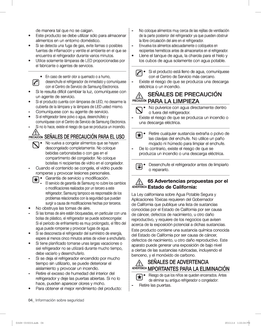 Samsung RF4287HAWP, RF4287HABP user manual Señales De Precaución Precaución Para La Limpieza 