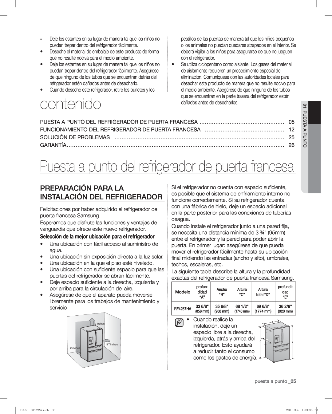 Samsung RF4287HABP, RF4287HAWP user manual contenido, Puesta a punto del refrigerador de puerta francesa 