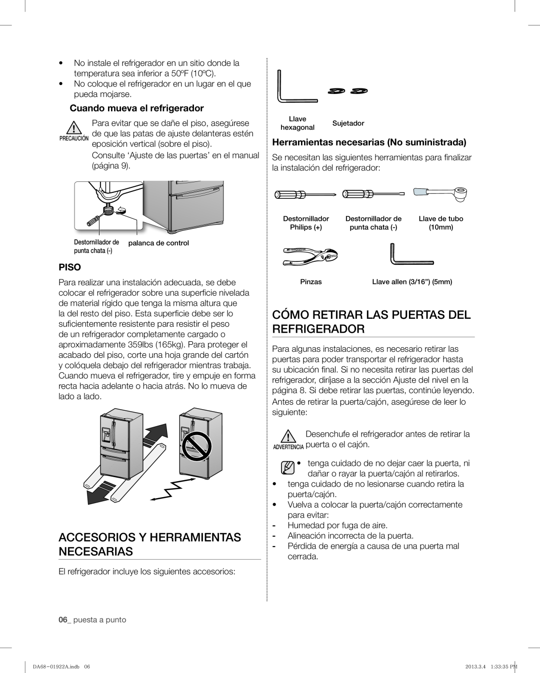 Samsung RF4287HAWP, RF4287HABP Accesorios Y Herramientas Necesarias, Cómo Retirar Las Puertas Del Refrigerador, Piso 