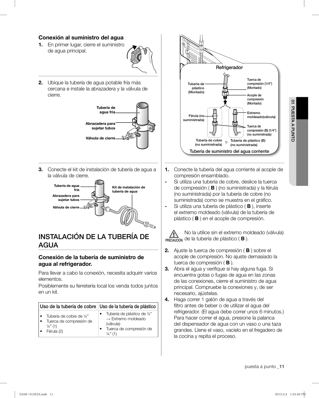 Samsung RF4287HABP, RF4287HAWP user manual Instalación De La Tubería De Agua, Conexión al suministro del agua 