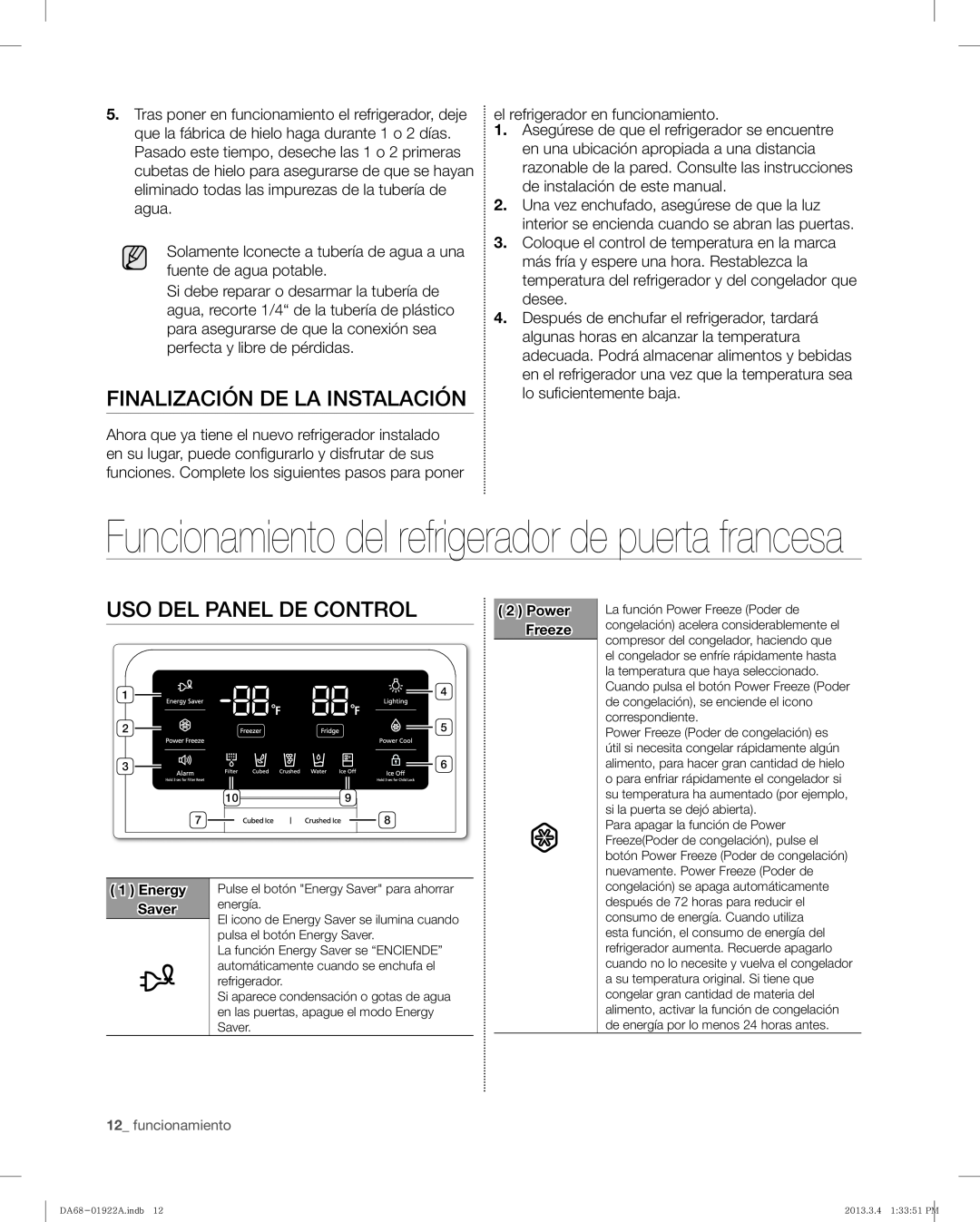 Samsung RF4287HAWP, RF4287HABP user manual Finalización De La Instalación, Uso Del Panel De Control 