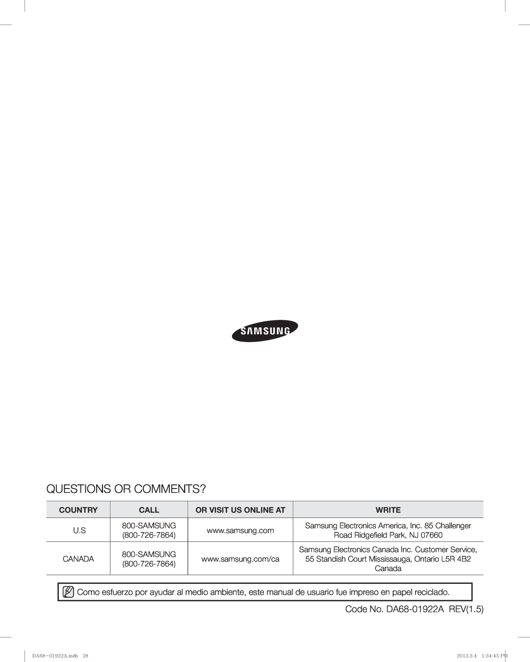 Samsung RF4287HAWP Questions Or Comments?, Code No. DA68-01922A REV1.5, Country, Call, Or Visit Us Online At, Write 