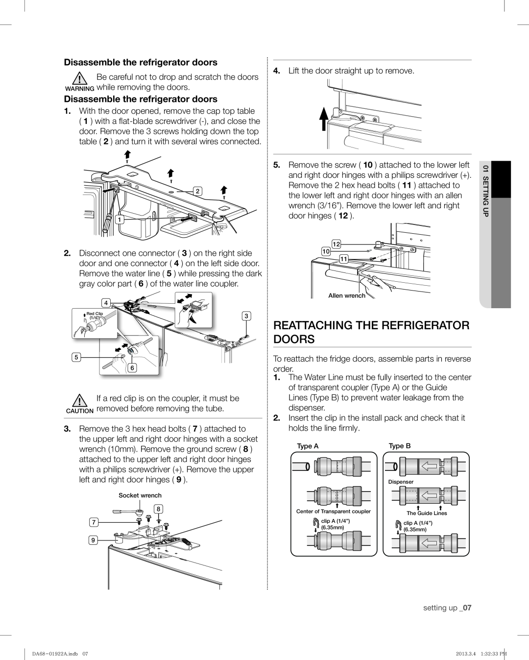 Samsung RF4287HABP, RF4287HAWP user manual Reattaching The Refrigerator Doors, Disassemble the refrigerator doors 