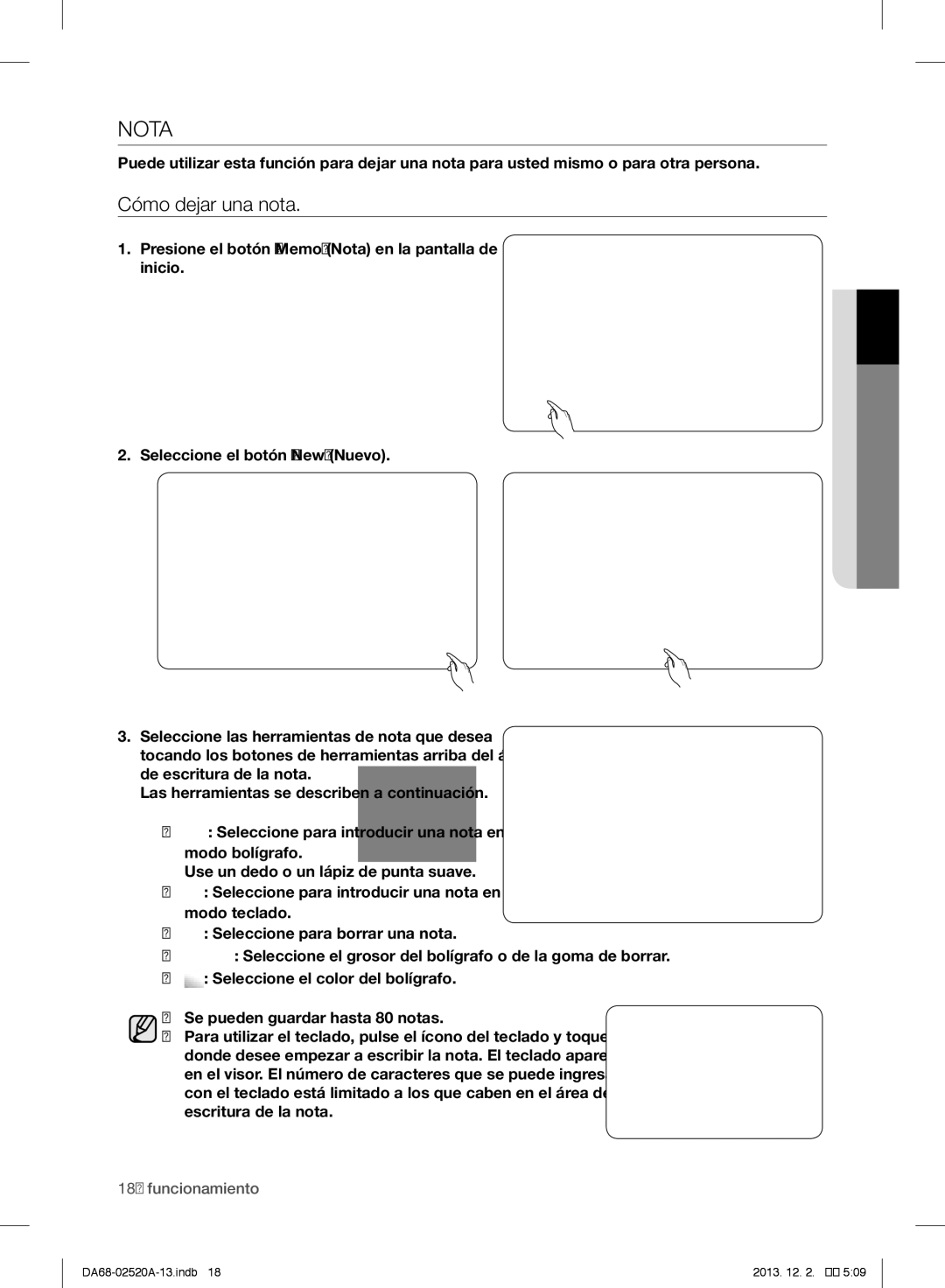 Samsung RF4289HAR user manual Nota, Cómo dejar una nota 