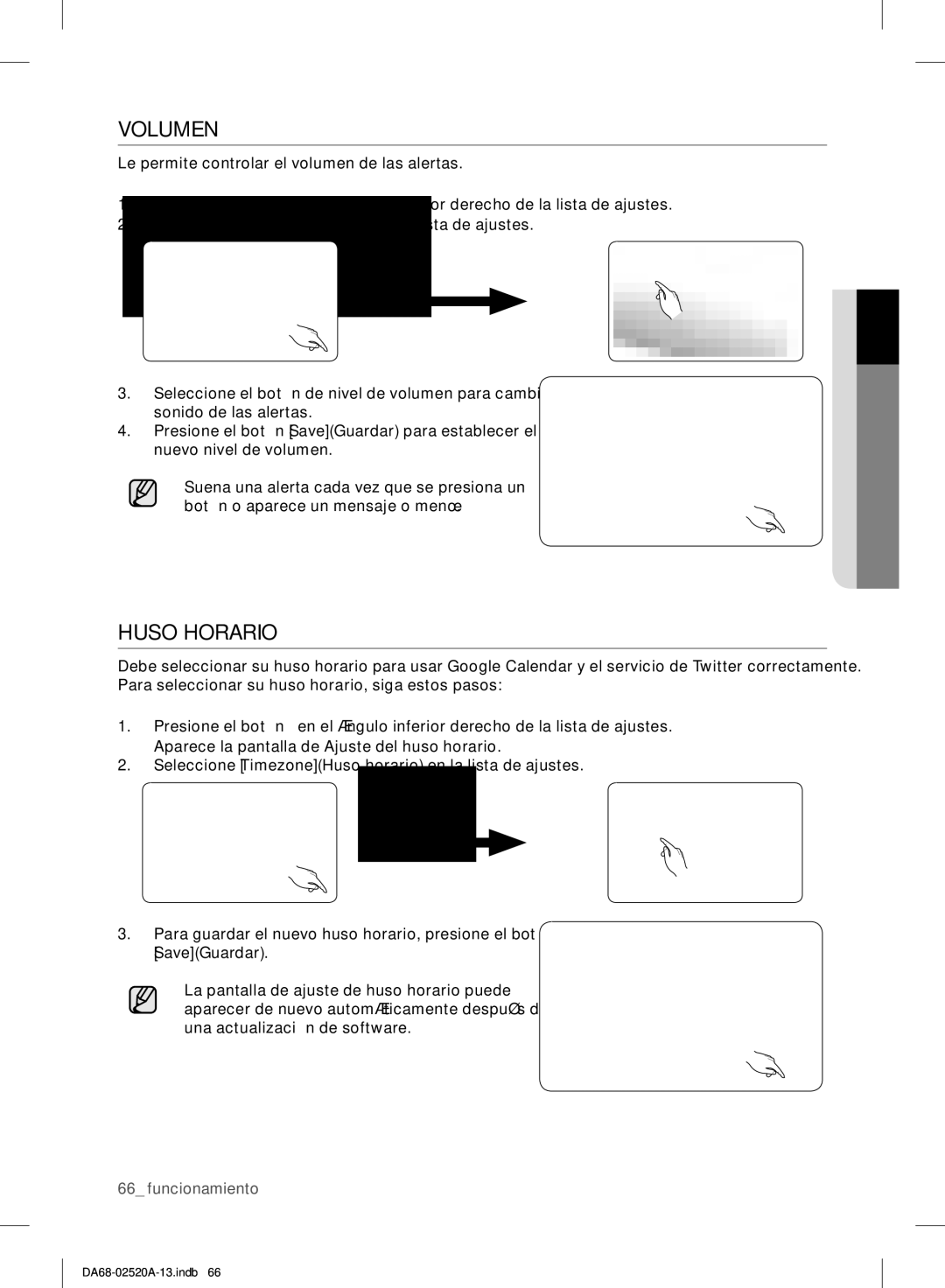 Samsung RF4289HAR user manual Volumen, Huso Horario 