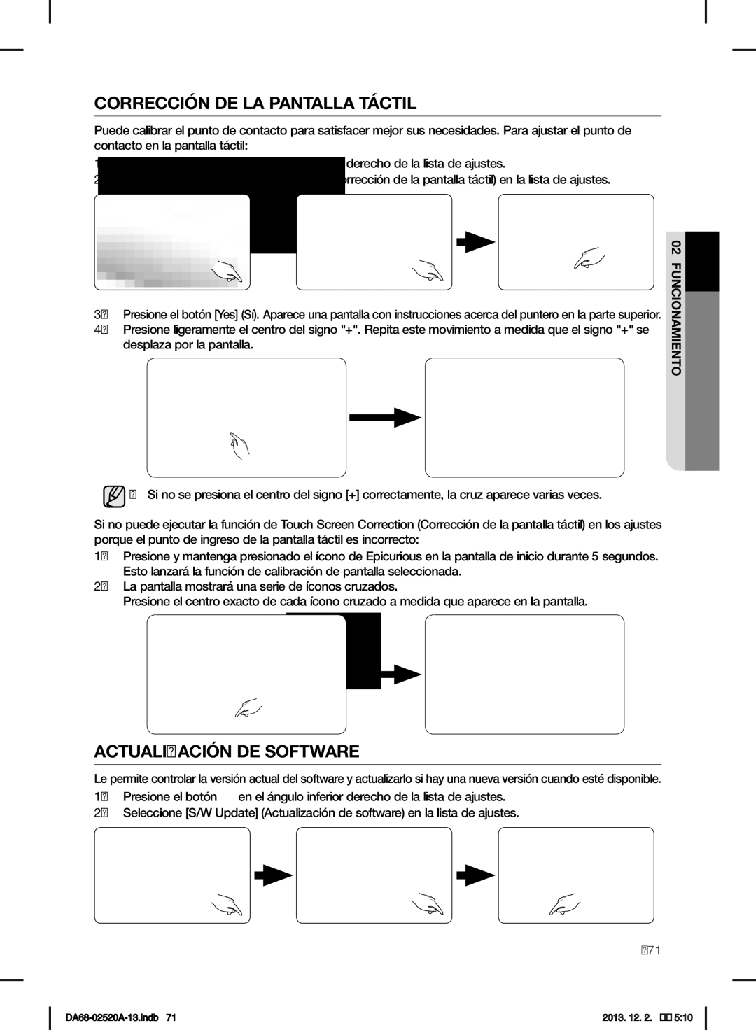 Samsung RF4289HAR user manual Corrección DE LA Pantalla Táctil, Actualización DE Software 