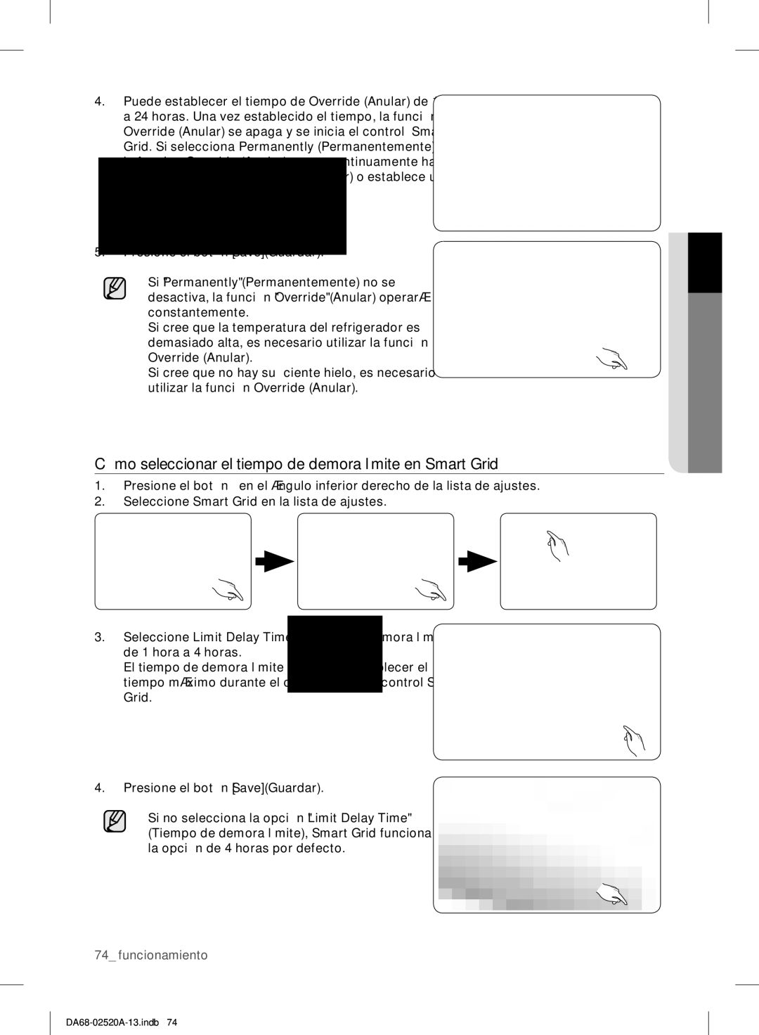 Samsung RF4289HAR user manual Cómo seleccionar el tiempo de demora límite en Smart Grid 