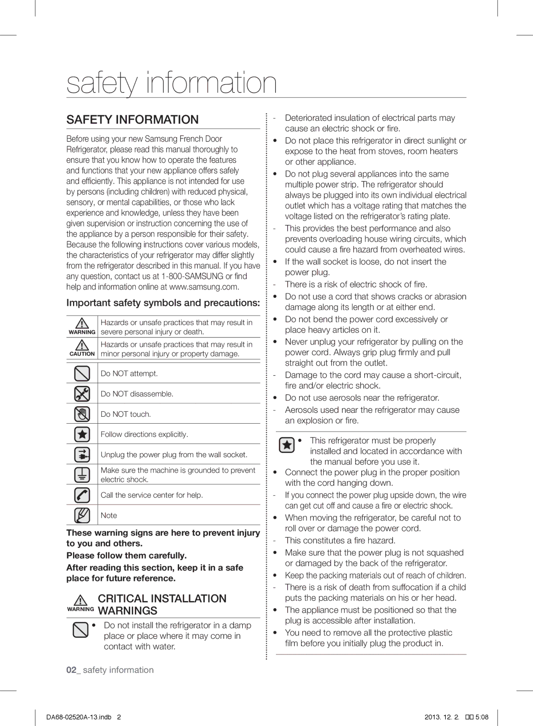 Samsung RF4289HAR user manual Safety Information, Important safety symbols and precautions 