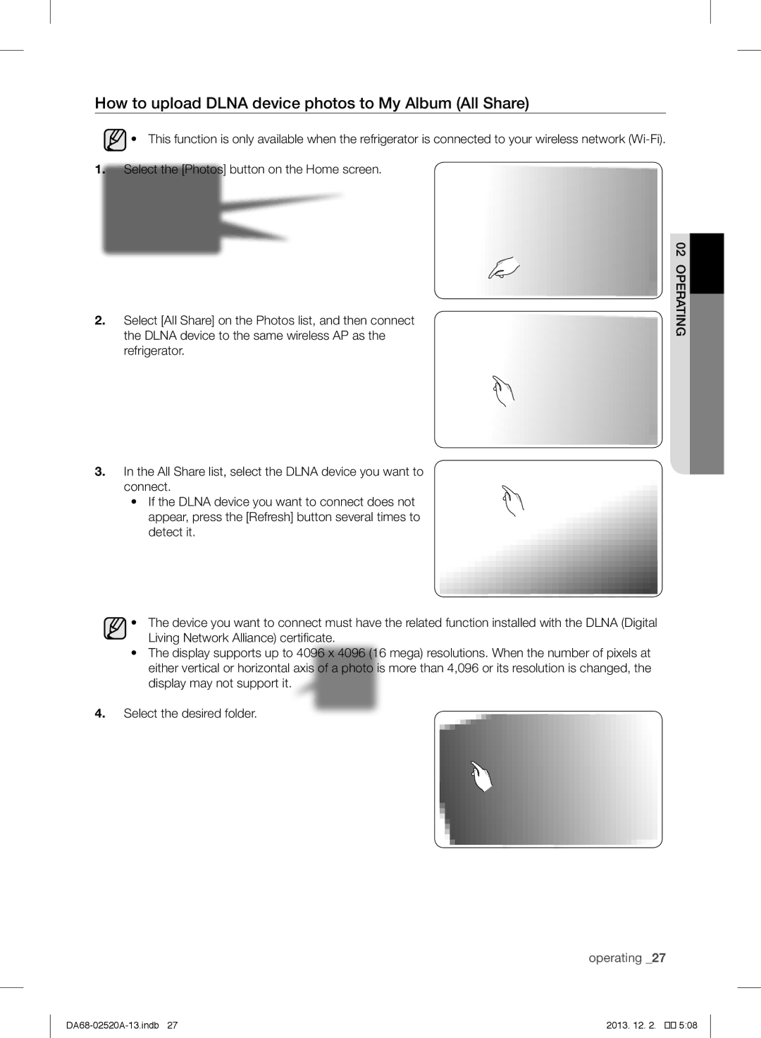 Samsung RF4289HAR user manual How to upload Dlna device photos to My Album All Share 