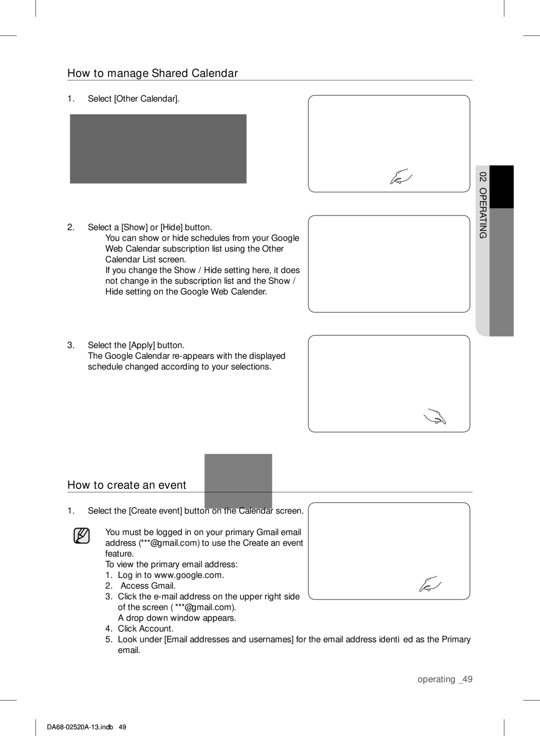 Samsung RF4289HAR user manual How to manage Shared Calendar, How to create an event, 02operating Select the Apply button 