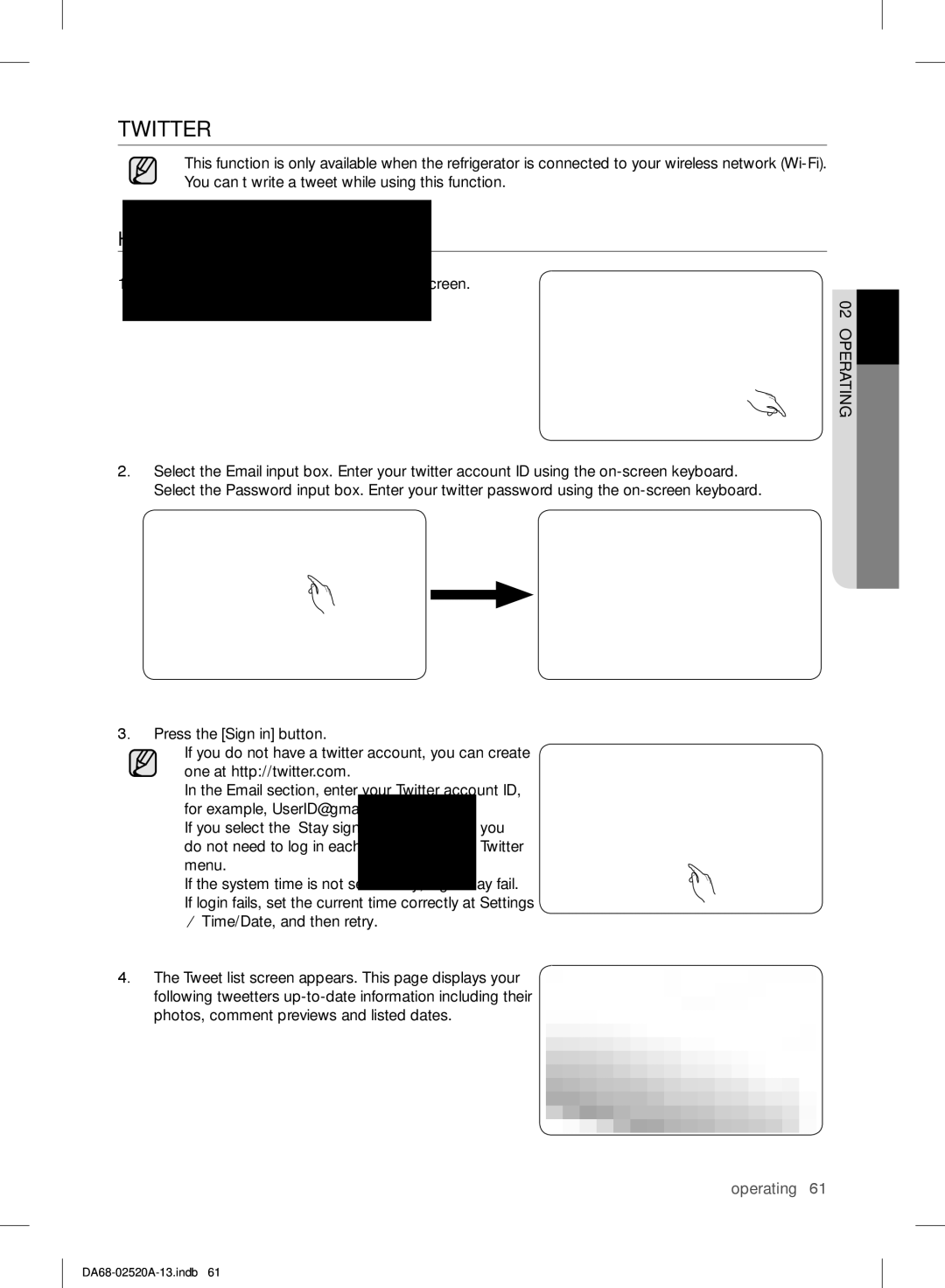 Samsung RF4289HAR user manual How to show the twitter, Select the Twitter button on the Home screen 02operating 