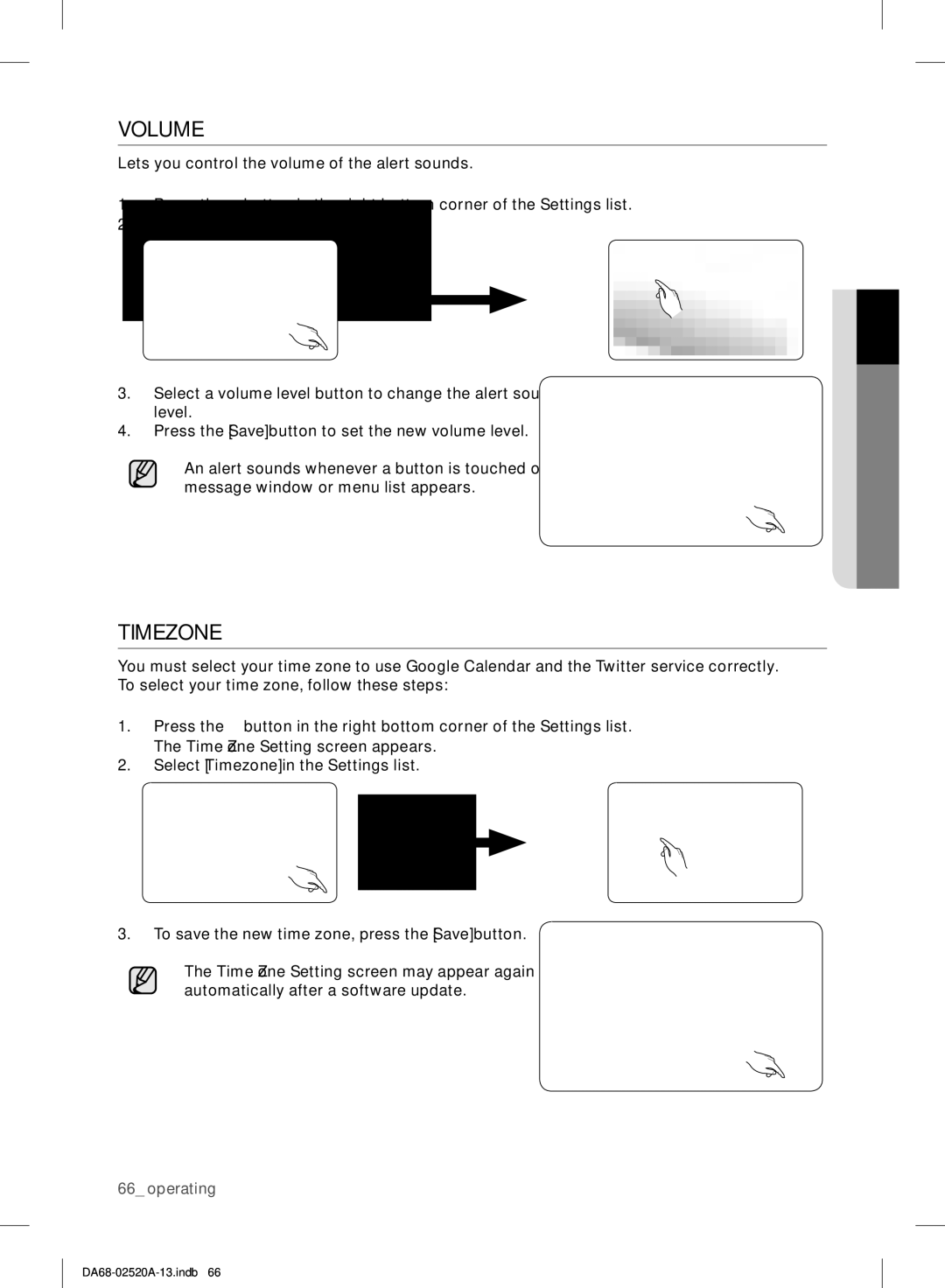 Samsung RF4289HAR user manual Volume, Timezone 