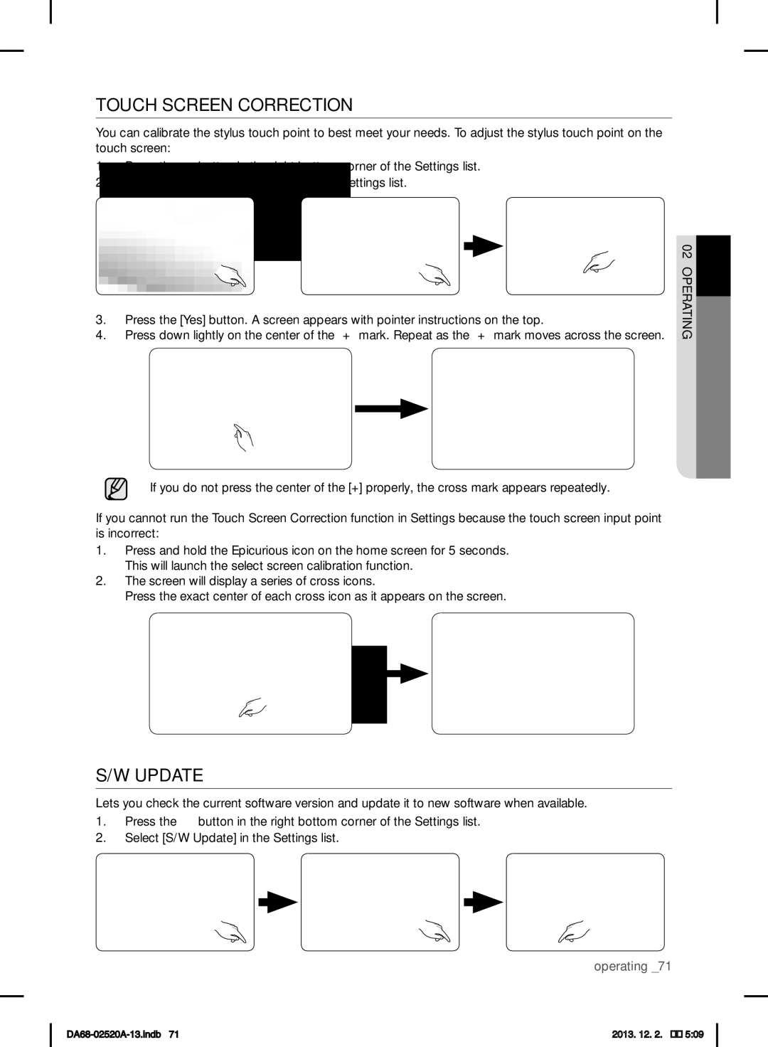 Samsung RF4289HAR user manual Touch Screen Correction, Select S/W Update in the Settings list 