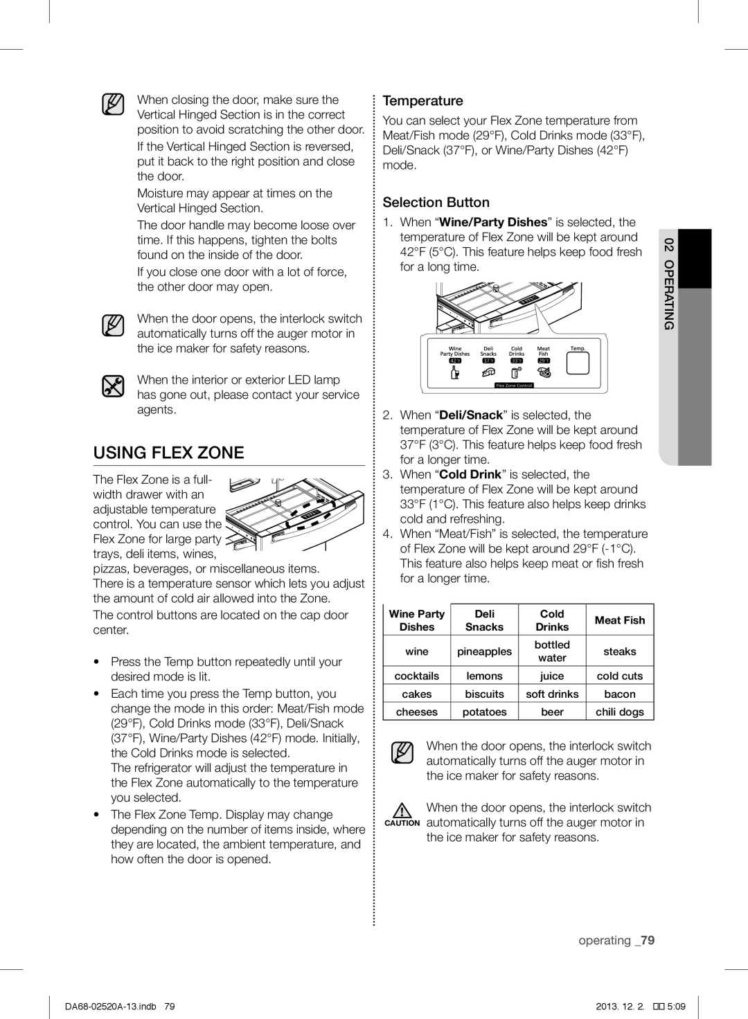 Samsung RF4289HAR user manual Using Flex Zone, Temperature, Selection Button 