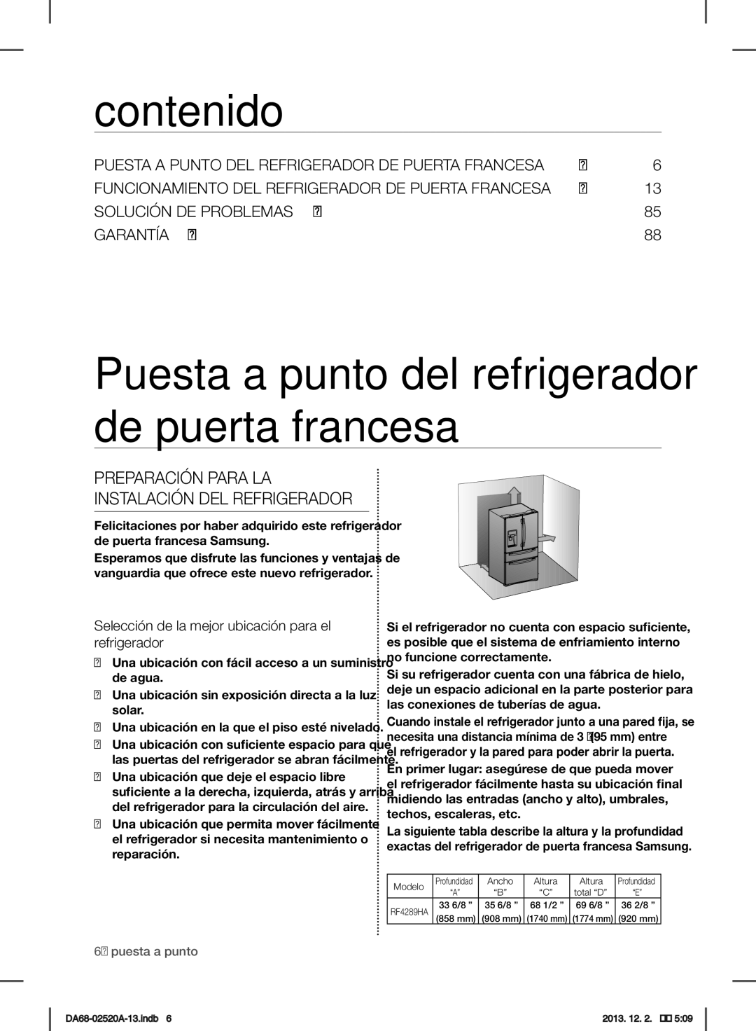 Samsung RF4289HAR user manual Contenido, Selección de la mejor ubicación para el refrigerador 