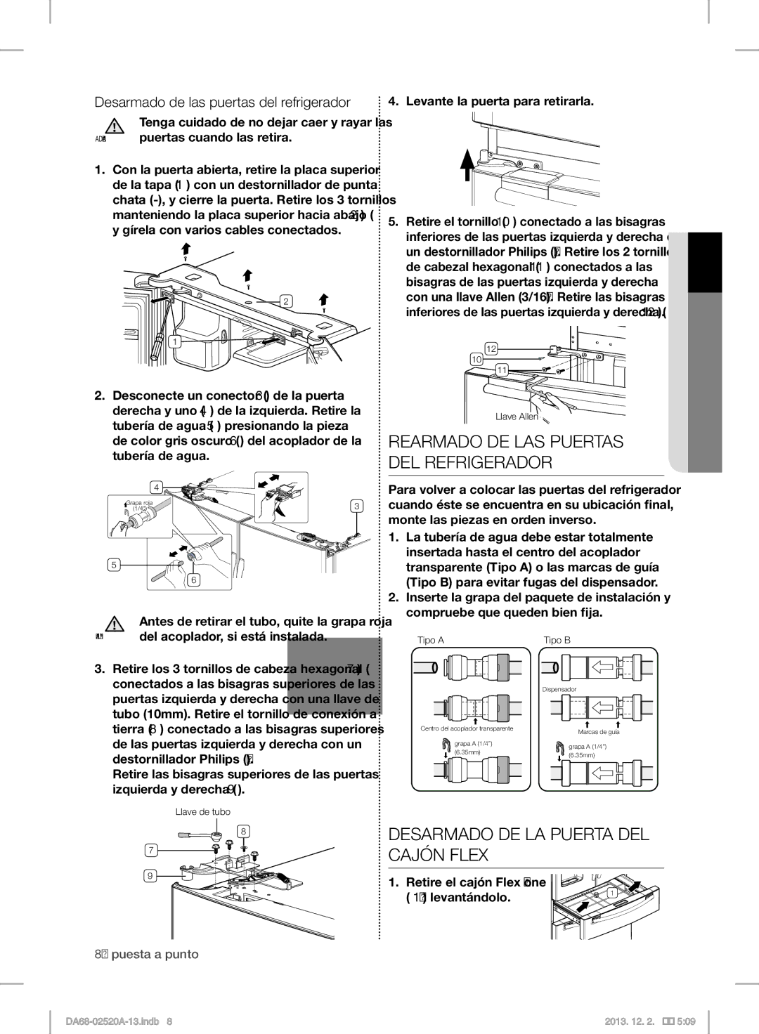 Samsung RF4289HAR user manual Rearmado DE LAS Puertas DEL Refrigerador, Desarmado DE LA Puerta DEL Cajón Flex 