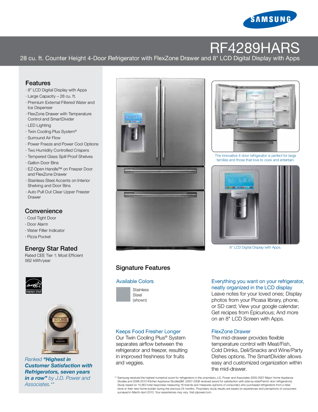 Samsung RF4289HARS manual Convenience, Energy Star Rated, Signature Features 