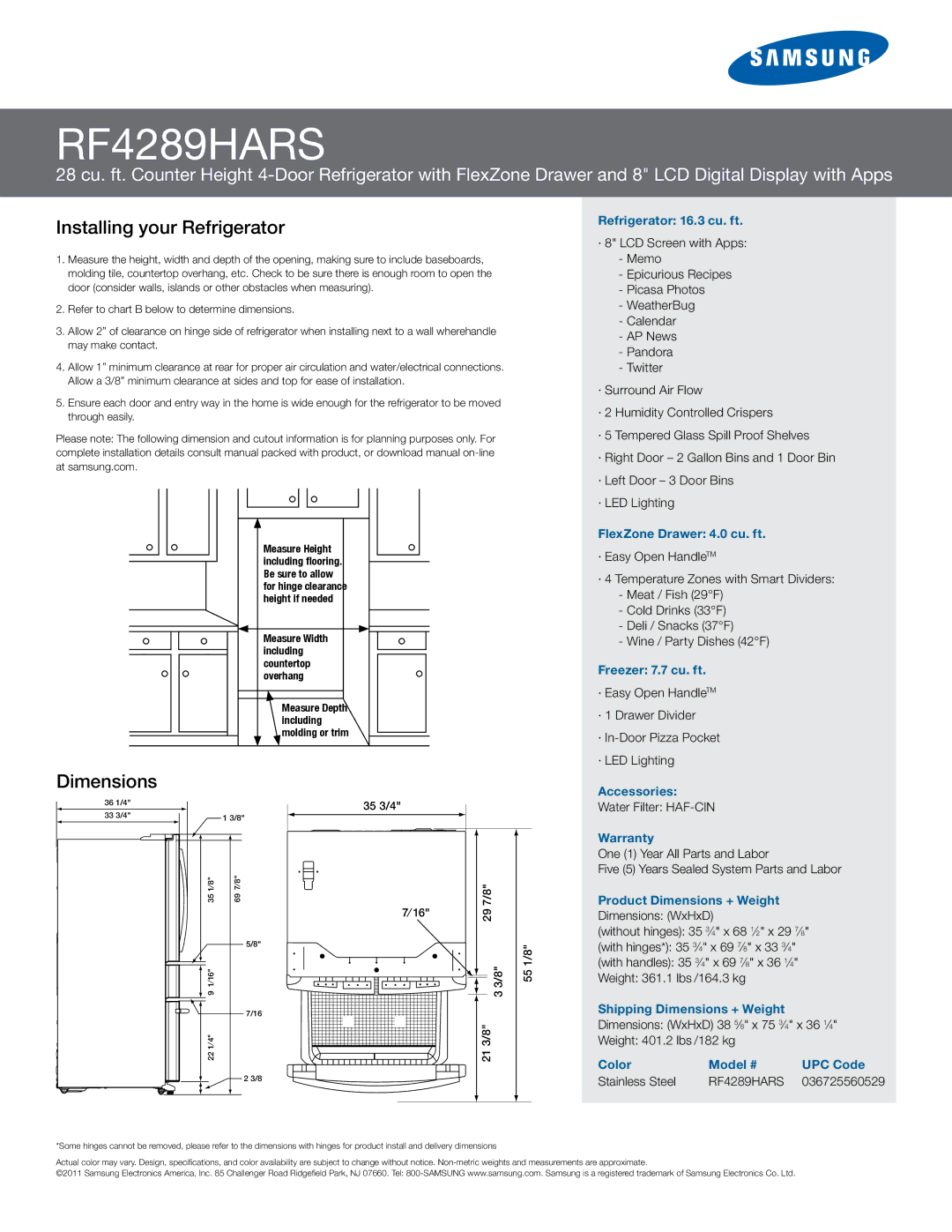 Samsung RF4289HARS manual Installing your Refrigerator, Dimensions 