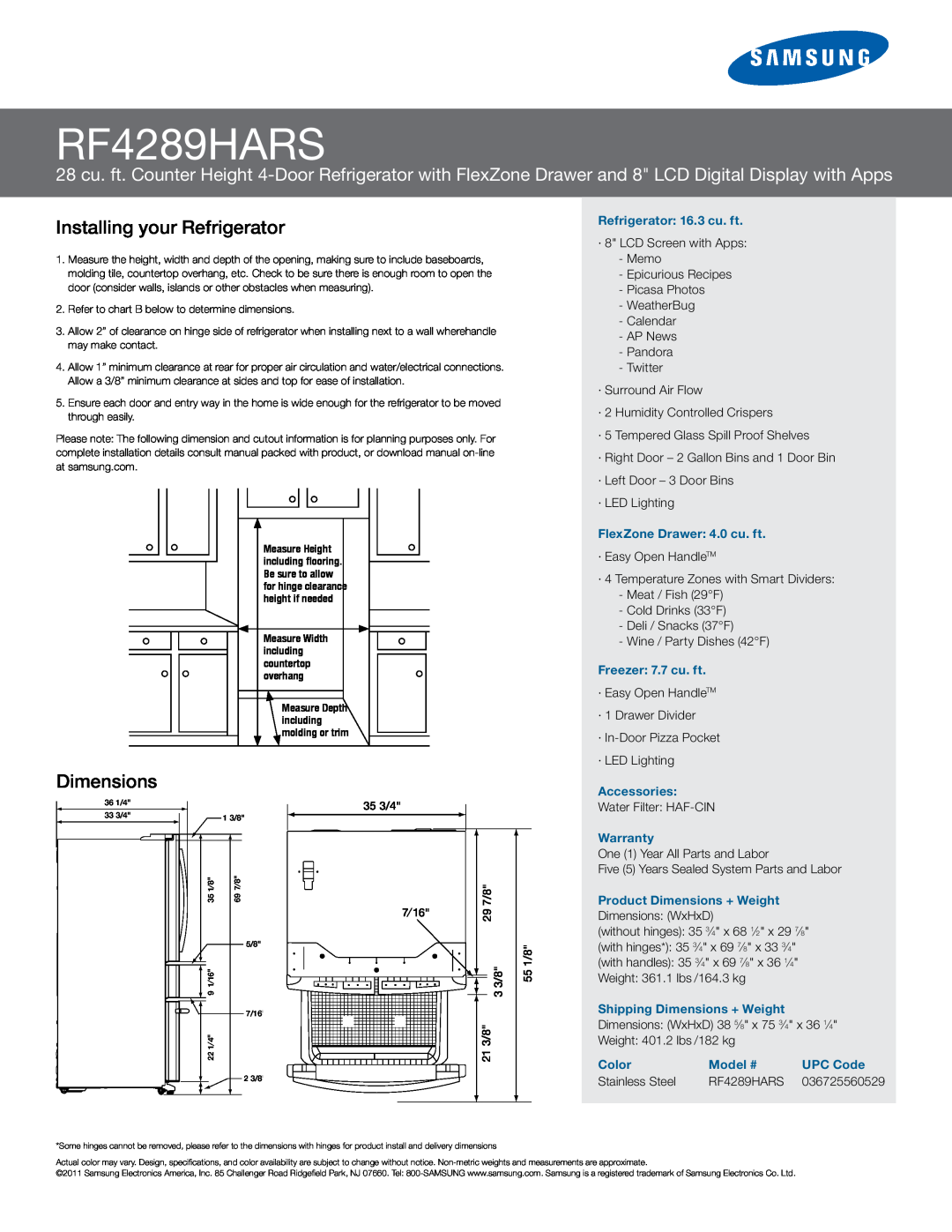 Samsung RF4289HARS manual Installing your Refrigerator, Dimensions 