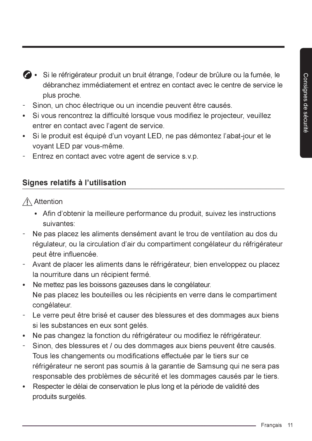 Samsung RF50K5920S8/EF manual Signes relatifs à l’utilisation 