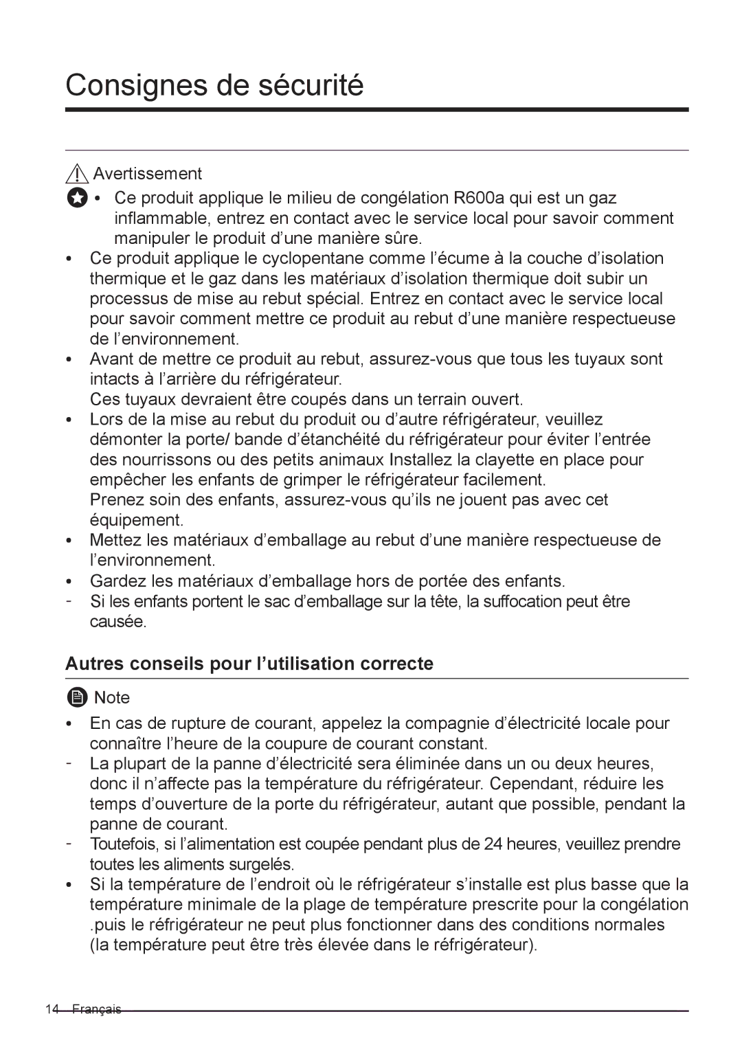 Samsung RF50K5920S8/EF manual Autres conseils pour l’utilisation correcte 