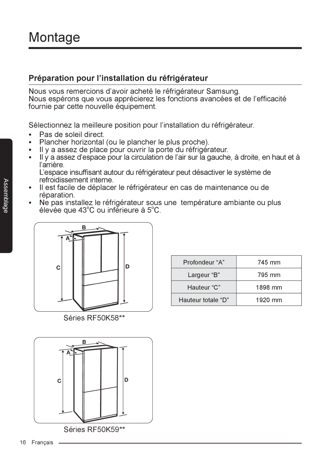 Samsung RF50K5920S8/EF manual Préparation pour l’installation du réfrigérateur, Séries RF50K58 Séries RF50K59 