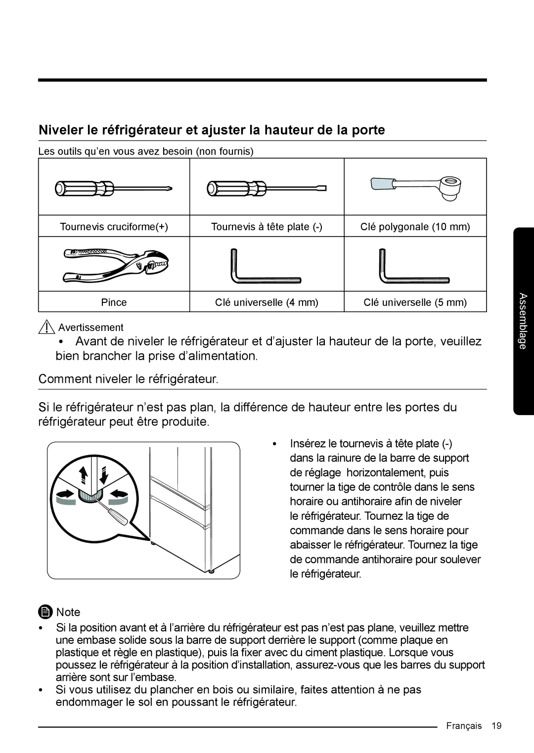 Samsung RF50K5920S8/EF manual Niveler le réfrigérateur et ajuster la hauteur de la porte 