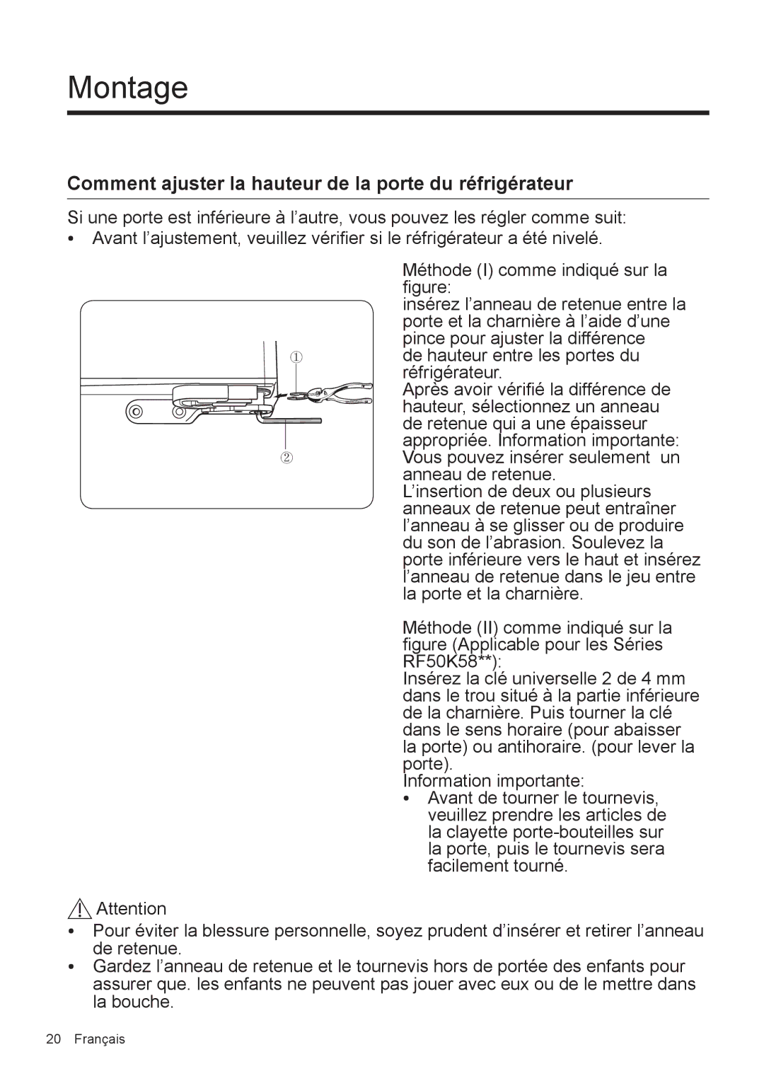 Samsung RF50K5920S8/EF manual Comment ajuster la hauteur de la porte du réfrigérateur 