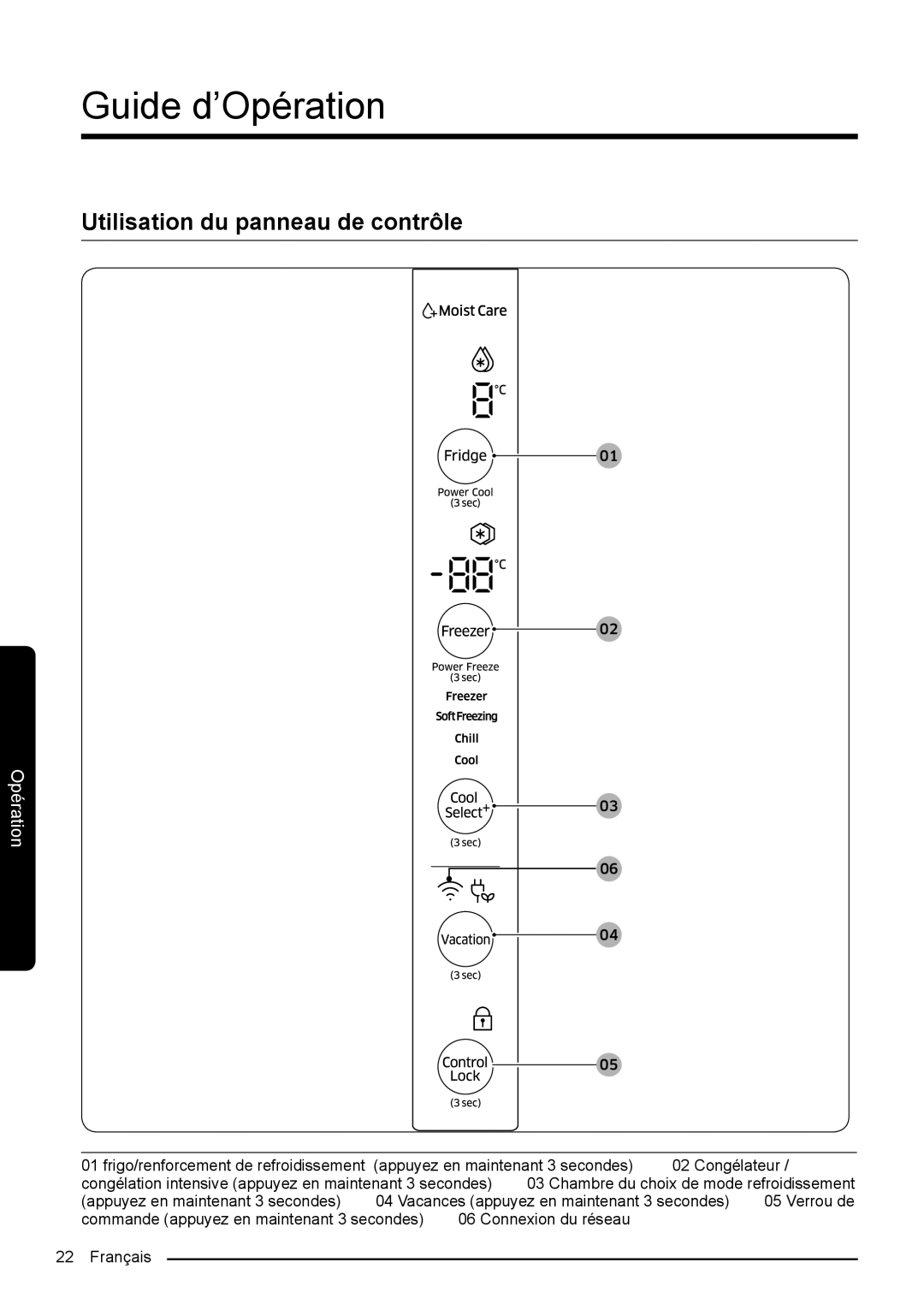 Samsung RF50K5920S8/EF manual Guide d’Opération, Utilisation du panneau de contrôle 