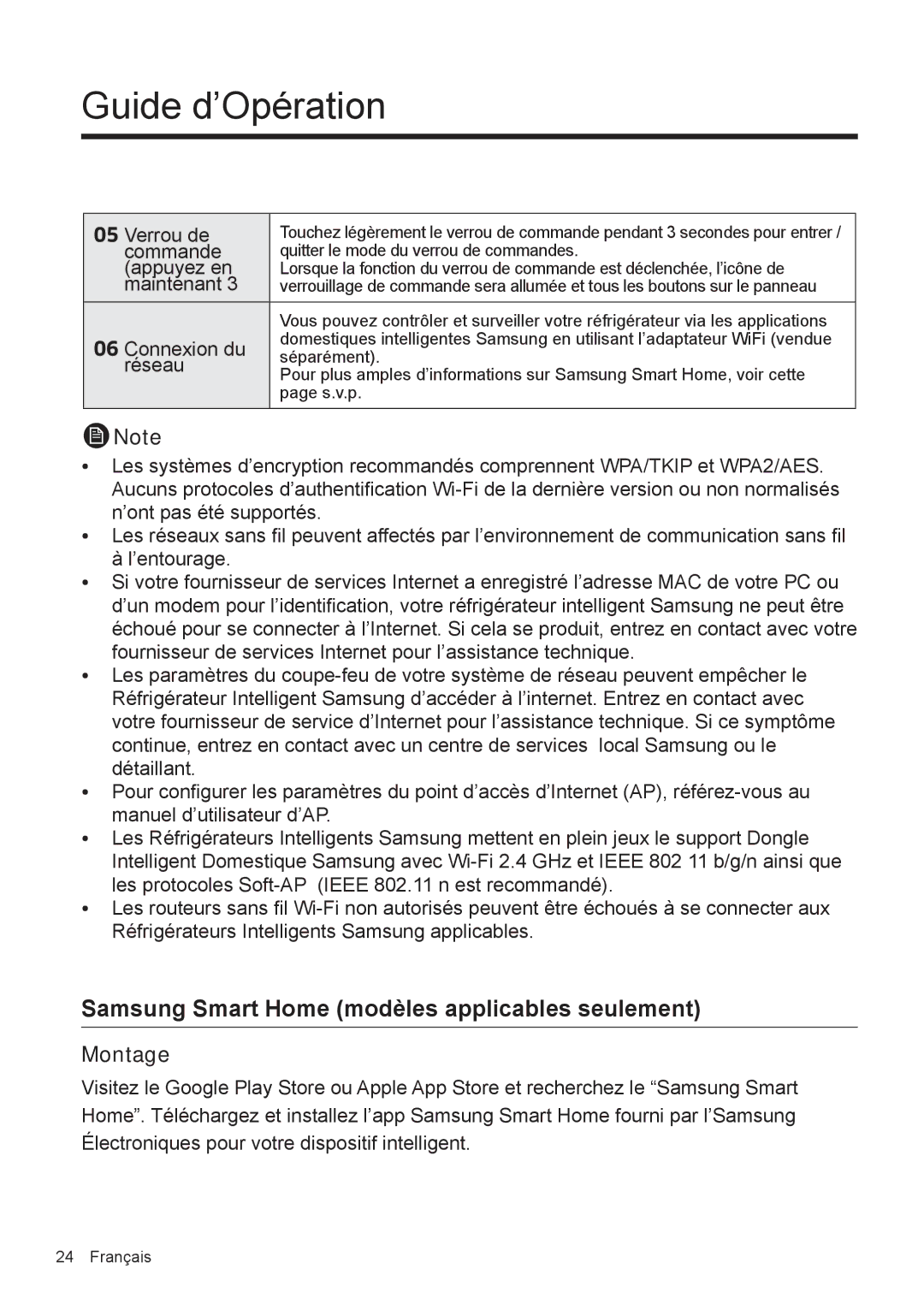 Samsung RF50K5920S8/EF manual Samsung Smart Home modèles applicables seulement, Montage 