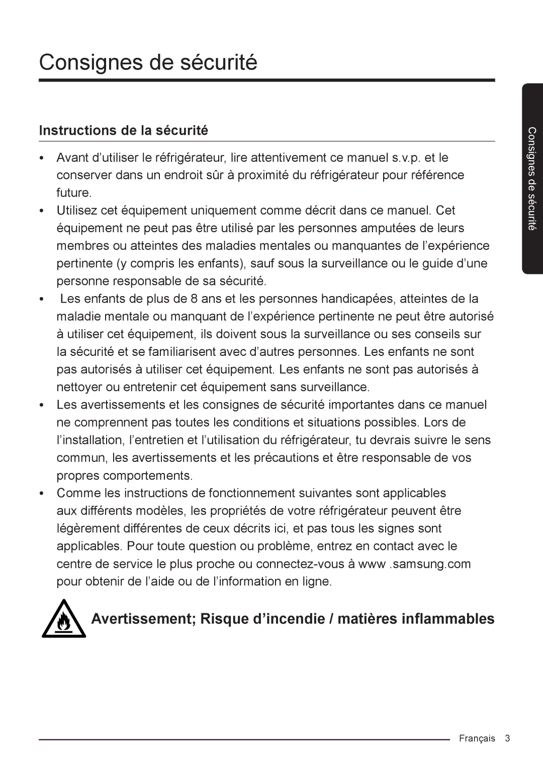 Samsung RF50K5920S8/EF manual Consignes de sécurité, Instructions de la sécurité 