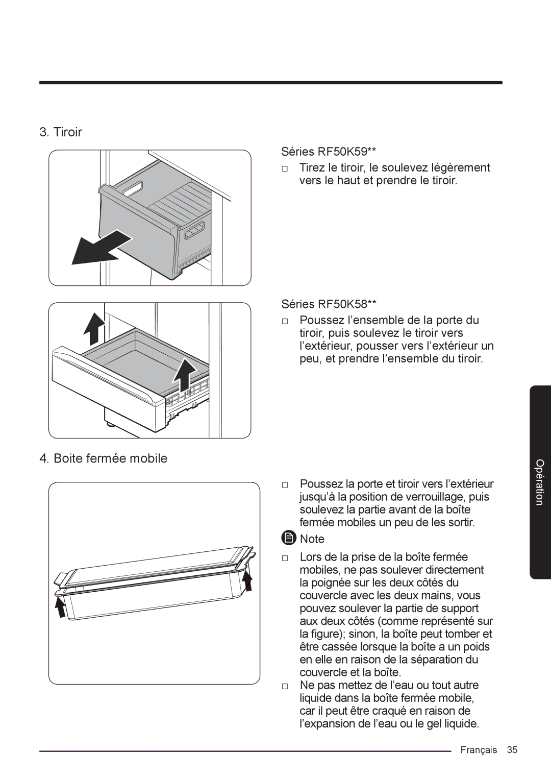 Samsung RF50K5920S8/EF manual Tiroir, Boite fermée mobile 