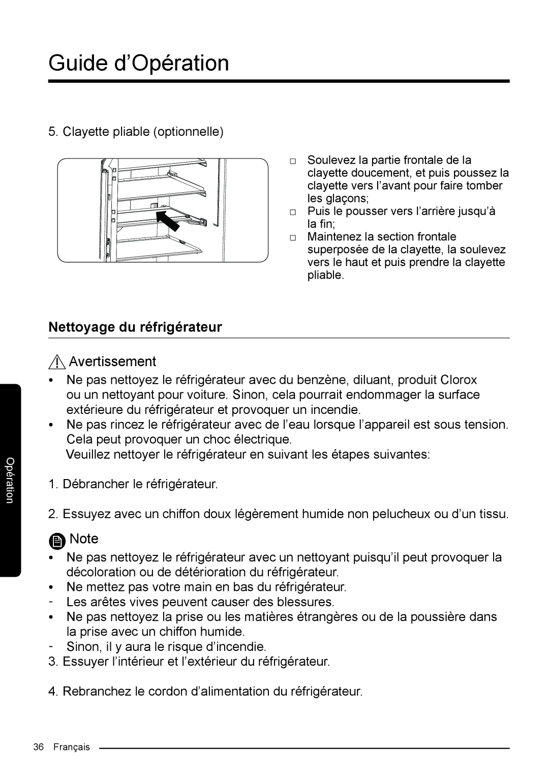 Samsung RF50K5920S8/EF manual Nettoyage du réfrigérateur, Clayette pliable optionnelle 