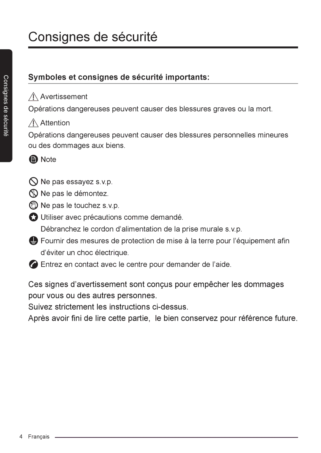 Samsung RF50K5920S8/EF manual Symboles et consignes de sécurité importants 