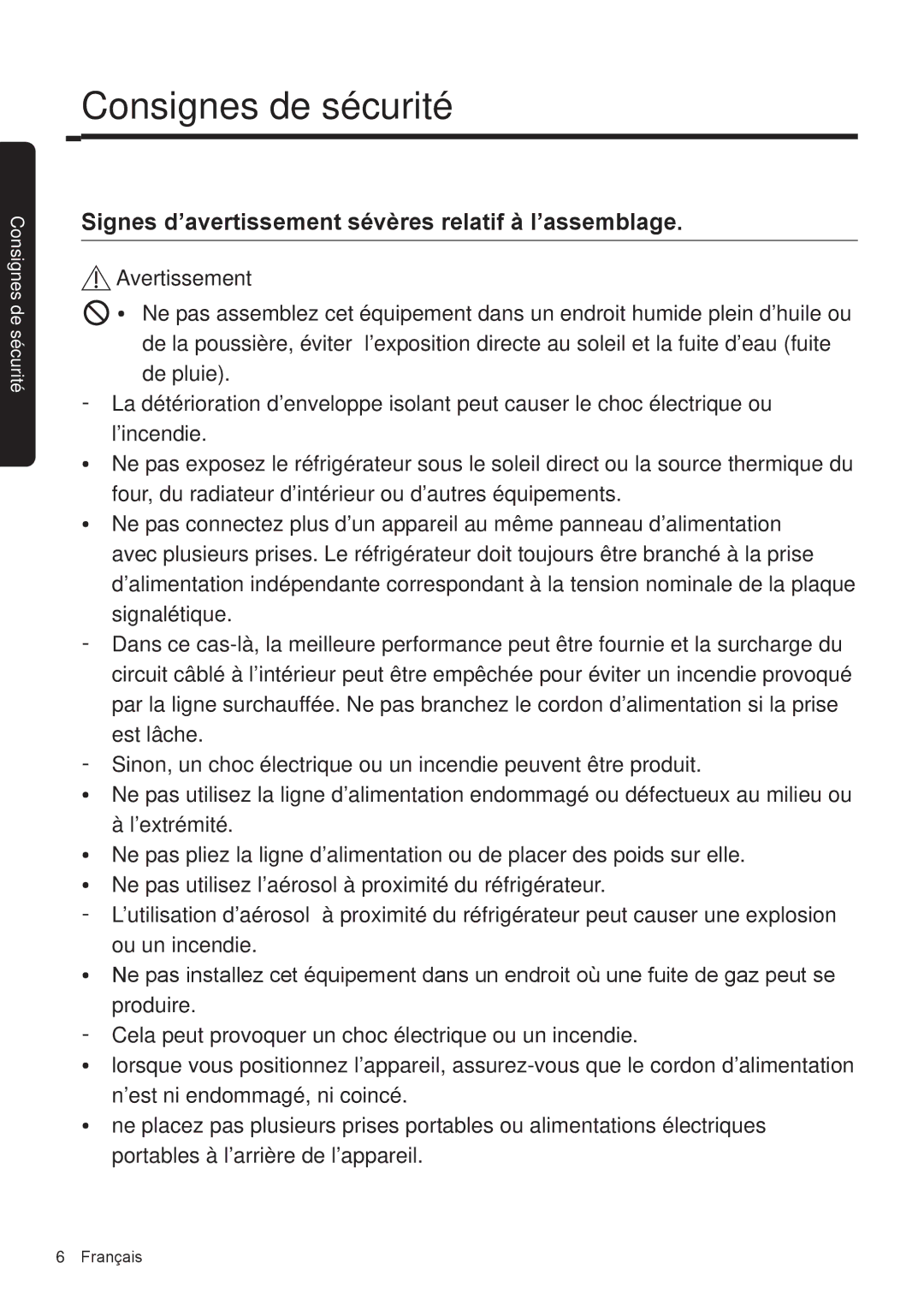 Samsung RF50K5920S8/EF manual Signes d’avertissement sévères relatif à l’assemblage 