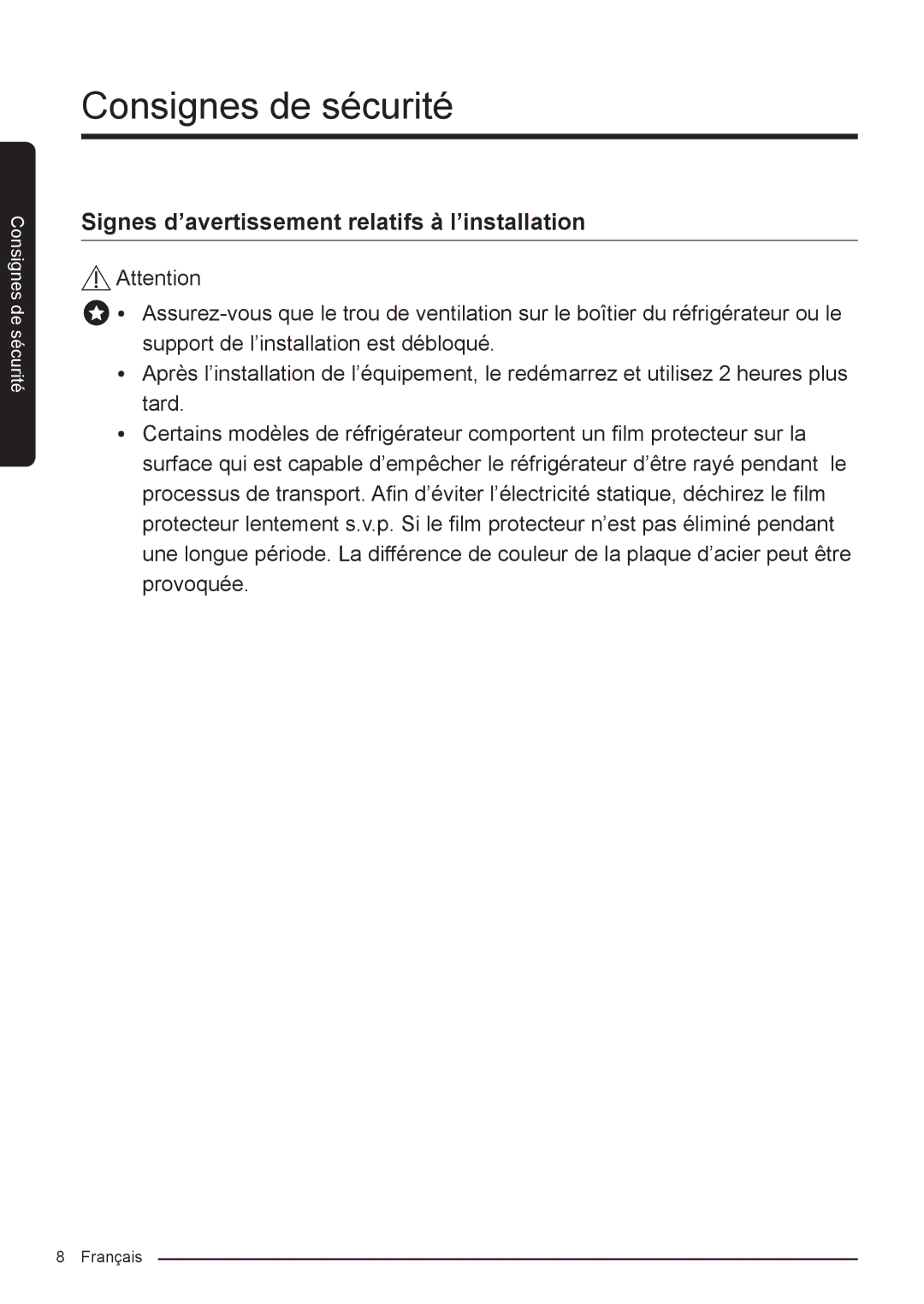 Samsung RF50K5920S8/EF manual Signes d’avertissement relatifs à l’installation 