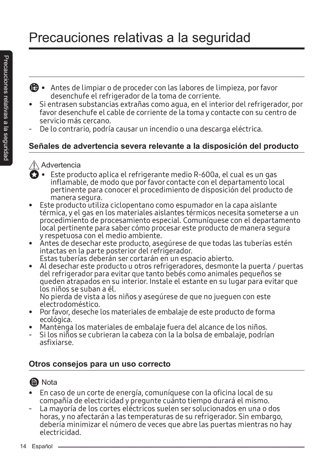 Samsung RF50K5920S8/ES manual Otros consejos para un uso correcto 