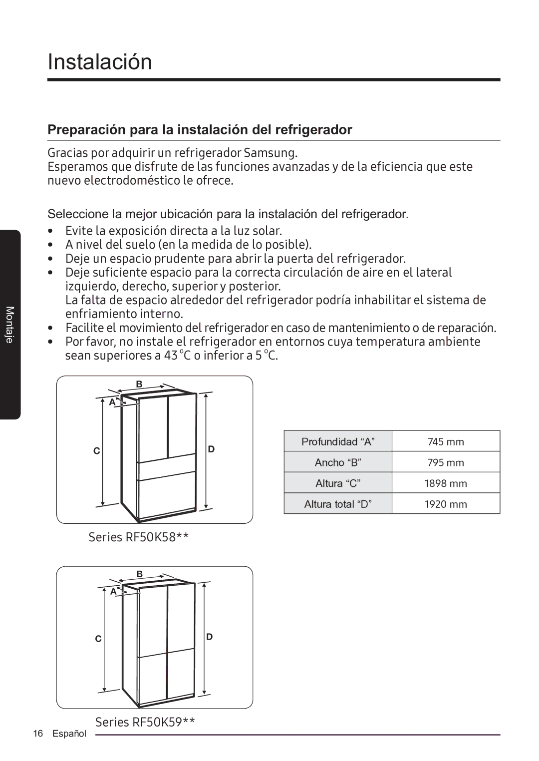 Samsung RF50K5920S8/ES manual Instalación, Preparación para la instalación del refrigerador 