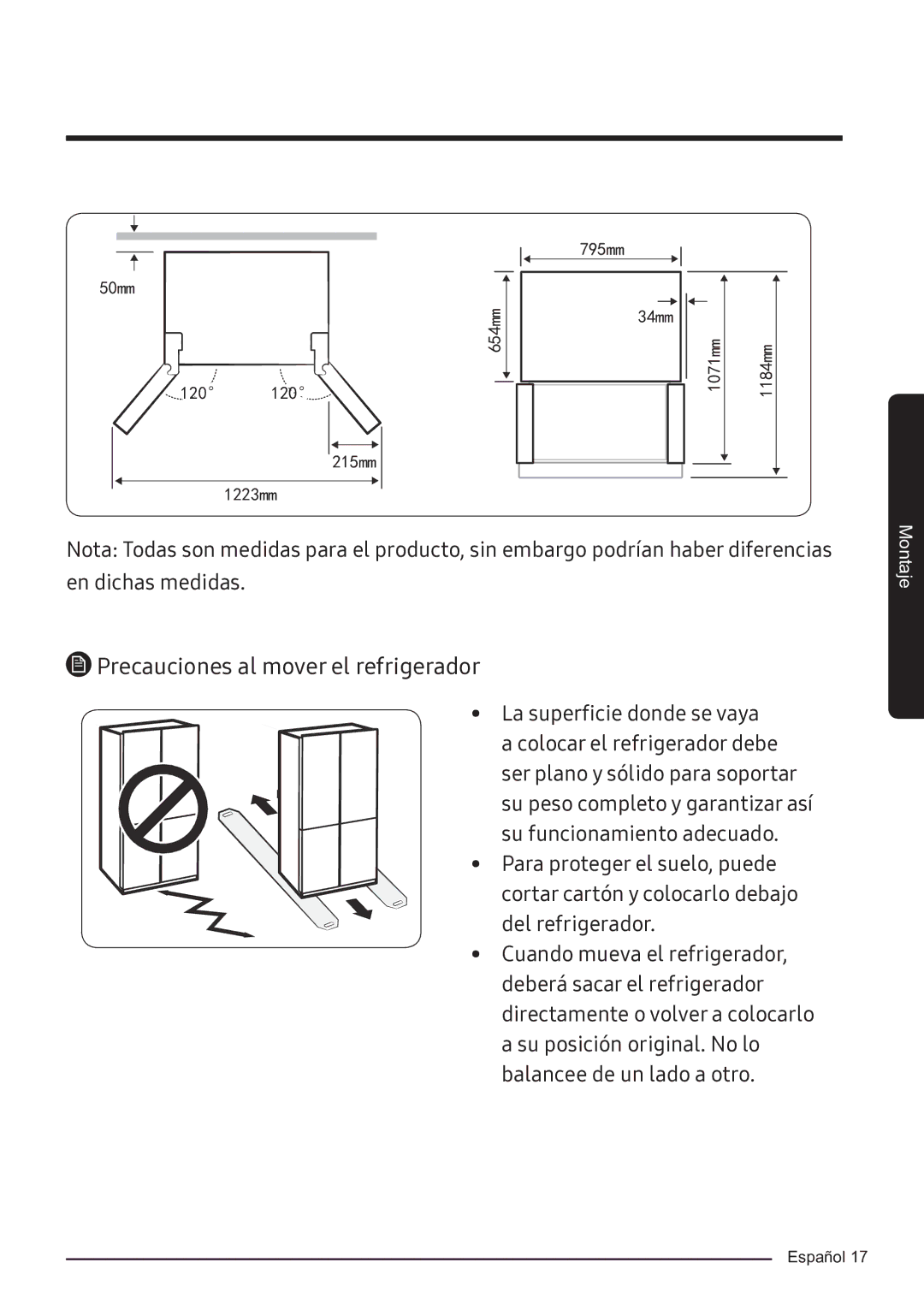 Samsung RF50K5920S8/ES manual Precauciones al mover el refrigerador 