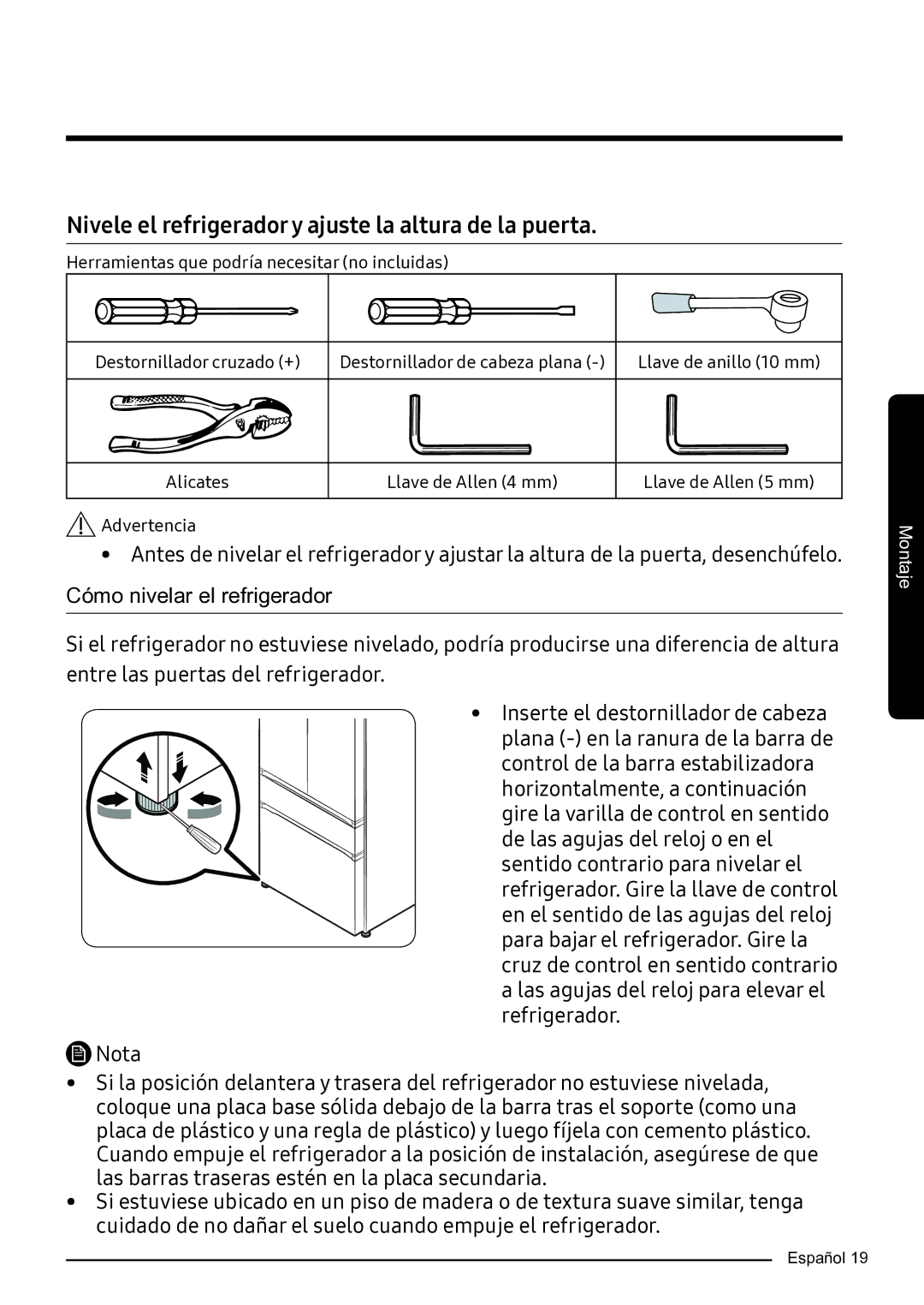 Samsung RF50K5920S8/ES manual Nivele el refrigerador y ajuste la altura de la puerta 