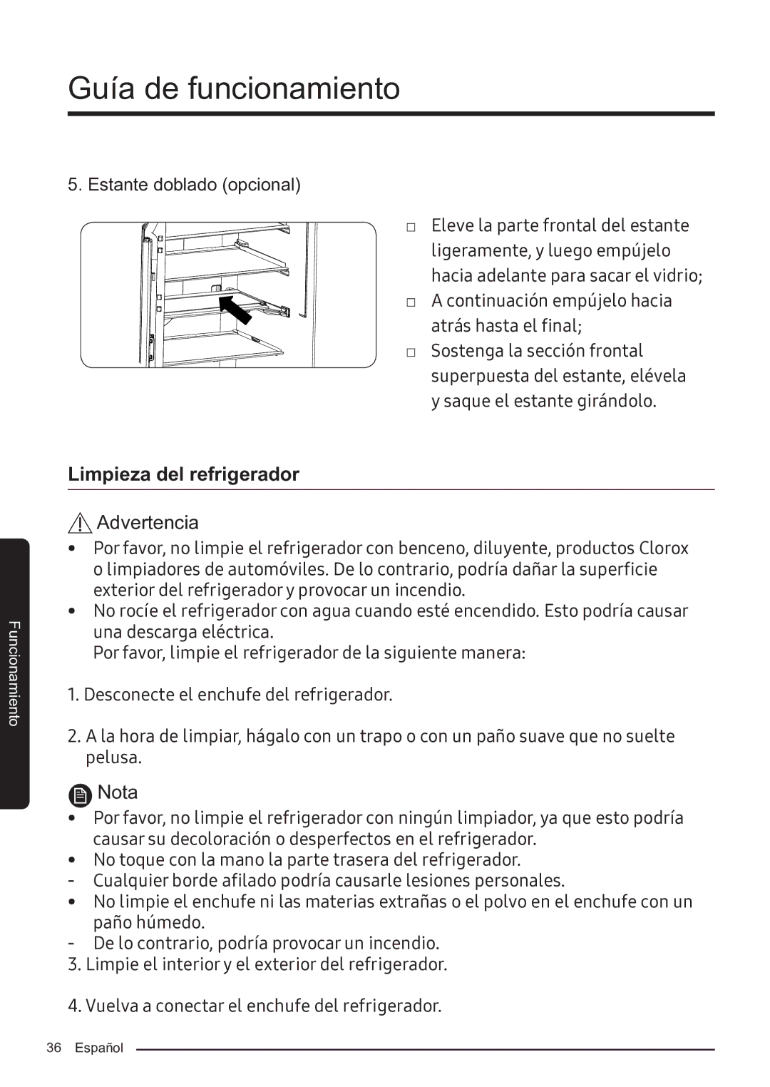 Samsung RF50K5920S8/ES manual Limpieza del refrigerador, Advertencia 