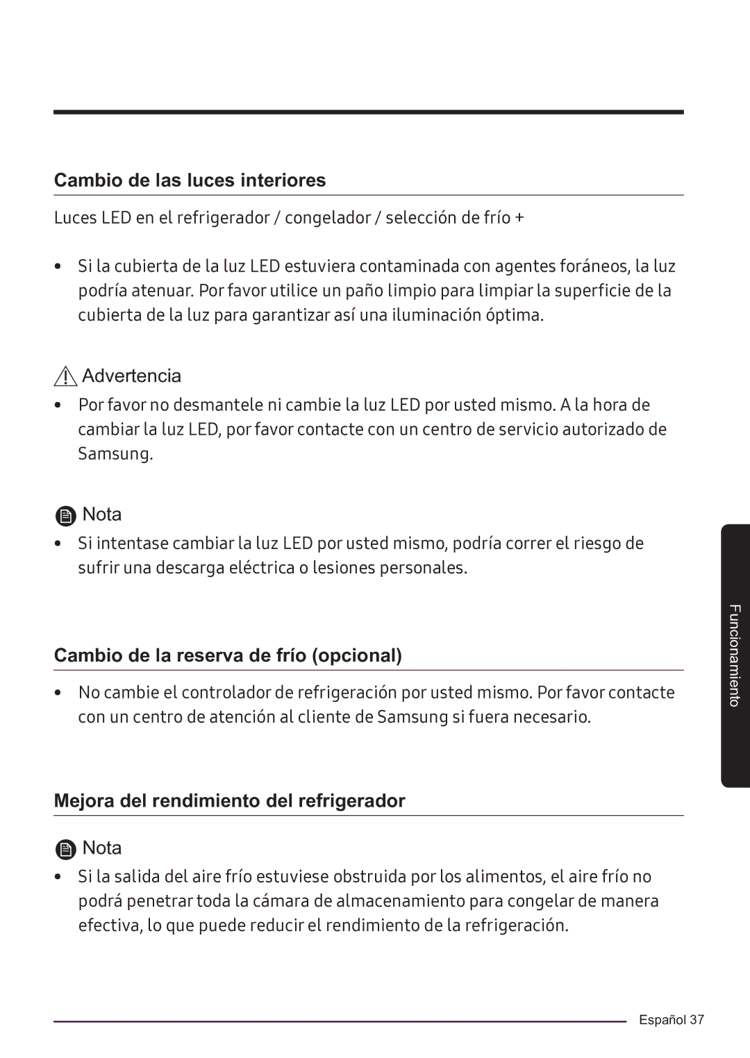 Samsung RF50K5920S8/ES manual Cambio de las luces interiores, Cambio de la reserva de frío opcional 